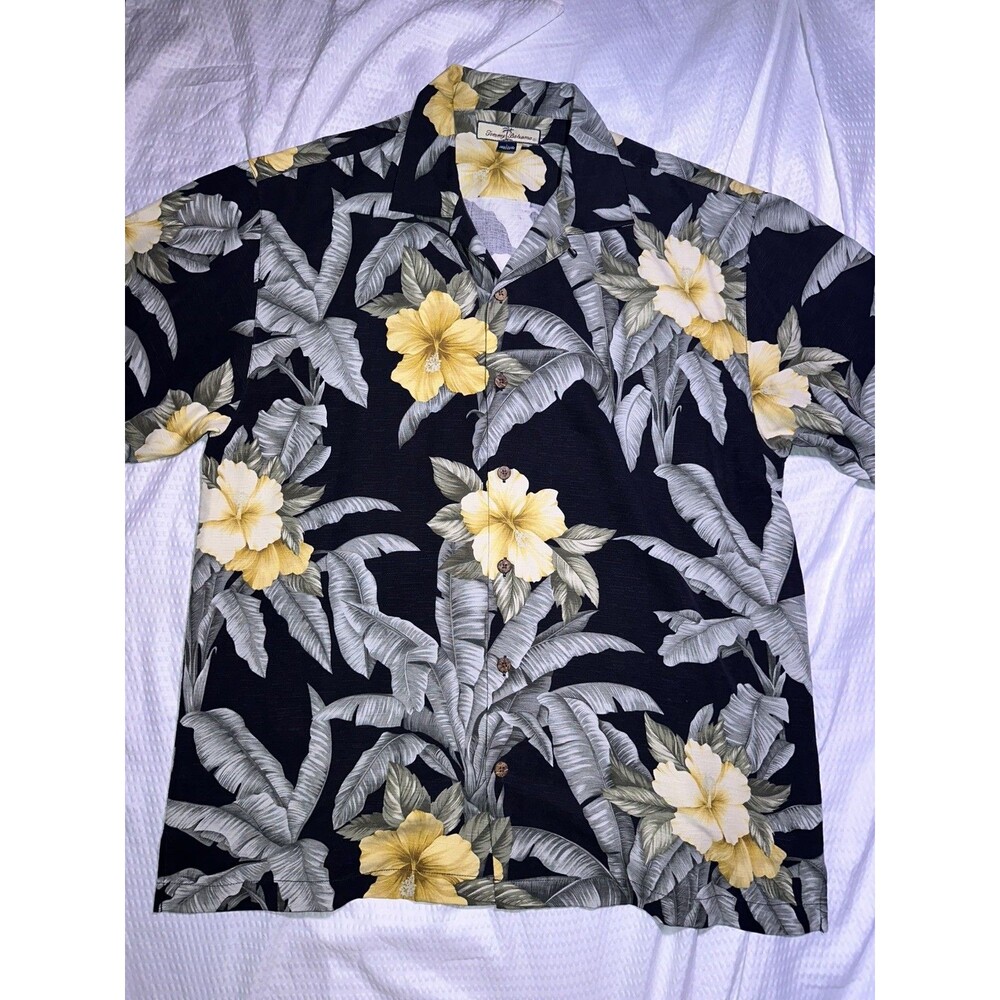 Men’s Black Silk Tommy Bahama Leaf Button Down Shirt Large Hawaiian